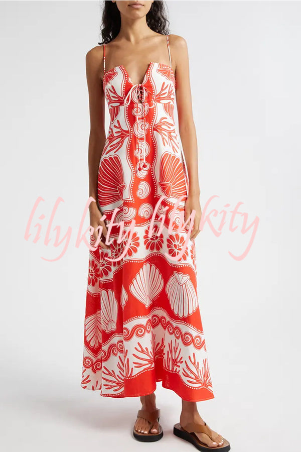 Beautiful Shell Unique Print Front Lace-up Loose  Maxi Dress