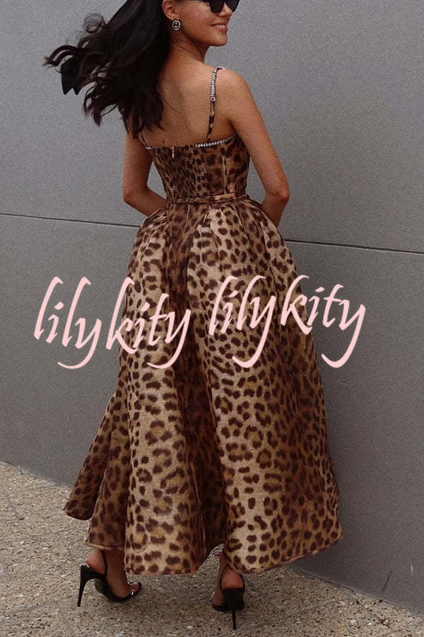 Unleash Your Wild Leopard Rhinestone Trim Back Smocked Midi Dress