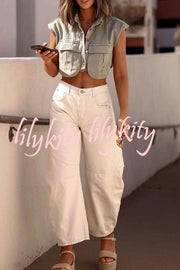 Stylish Weekend Denim Button Up Cape Sleeve Pocket Crop Top