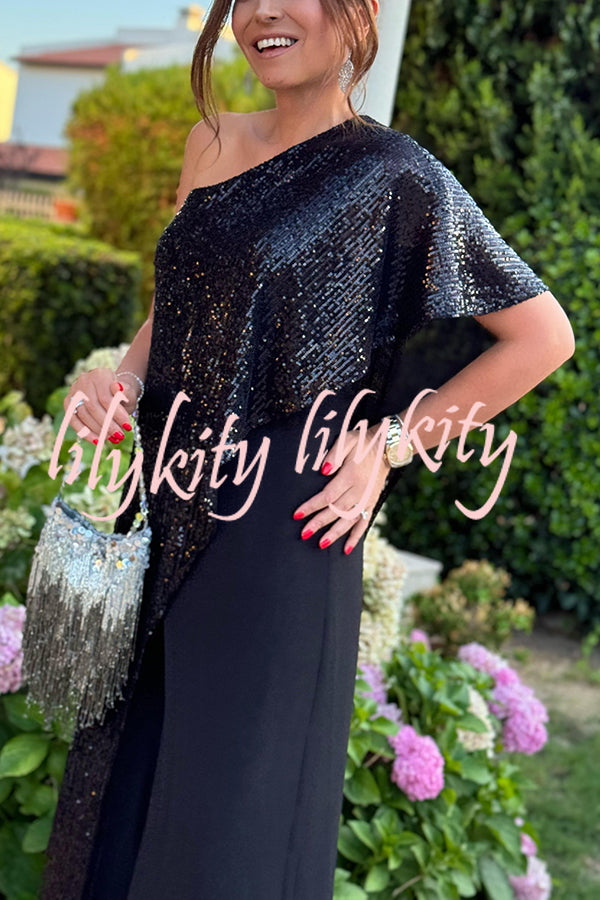 Party Favors Sequin One Shoulder Ruffle Detail Wide Leg Evening Jumpsuit