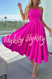 Sweet Cascade Solid Color Off Shoulder Pocket Full Hem Midi Dress
