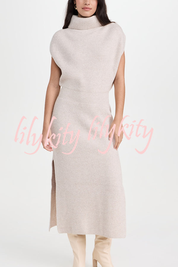 Solid Color Sleeveless Knitted Elegant Waist Midi Dress
