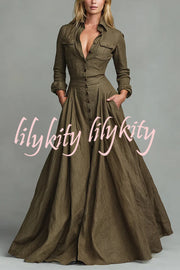 Linen Blend Lapel Pocket Single-breasted Shirt-style Casual Maxi Dress