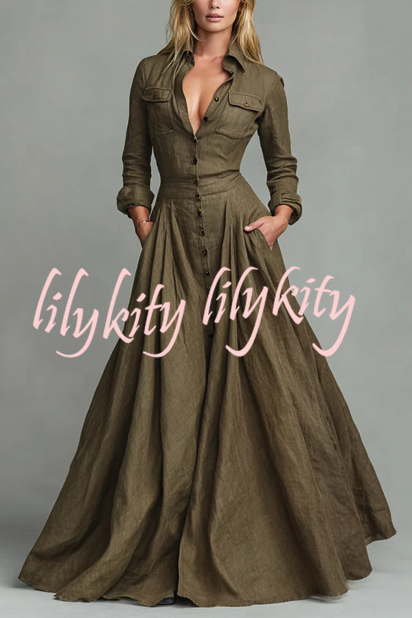 Linen Blend Lapel Pocket Single-breasted Shirt-style Casual Maxi Dress