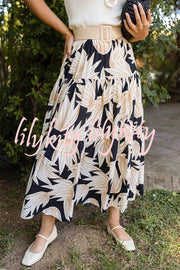 Resort Style Botanical Print Elastic Waist Loose Stitching Midi Skirt