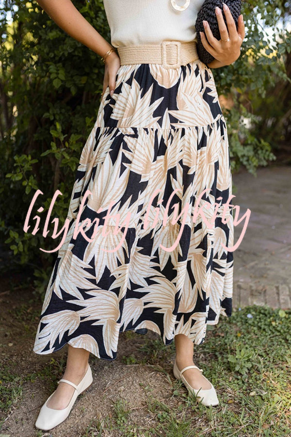 Resort Style Botanical Print Elastic Waist Loose Stitching Midi Skirt