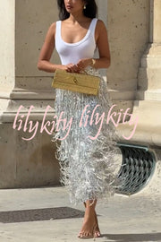 Evening Charm Layered Sequined Tassels High Rise Back Zipper Slit Midi Skirt