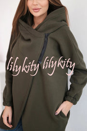 Solid Color Loose Hooded Zip-up Casual Sports Jacket
