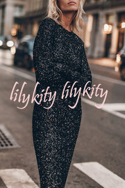 Ignite Sparkly Nights Sequin Extra Long Sleeve Open Back Loose Midi Dress