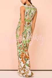 Gaia Satin Unique Paisley Print Central Twist Knot Detail Slit Maxi Dress