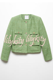 Stylish Tweed Love Button Long Sleeve Casual Pocket Jacket