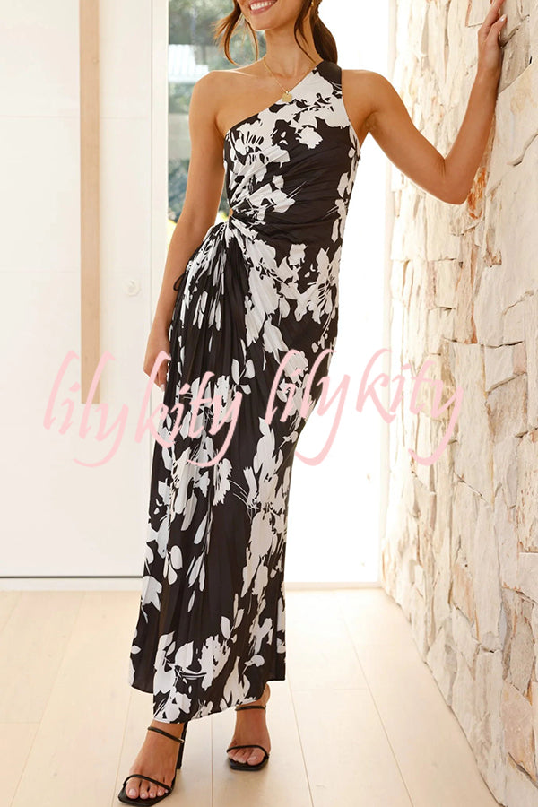 Laken Floral Print One Shoulder Adjustable Tie Cutout Pleated Maxi Dress