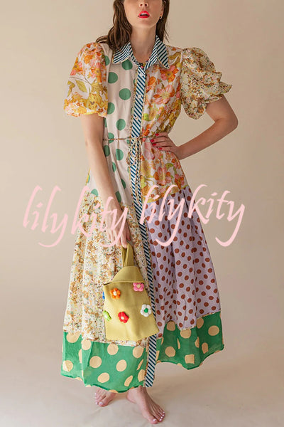 Linen Blend Unique Print Lapel Puff Sleeve Casual Midi Dress