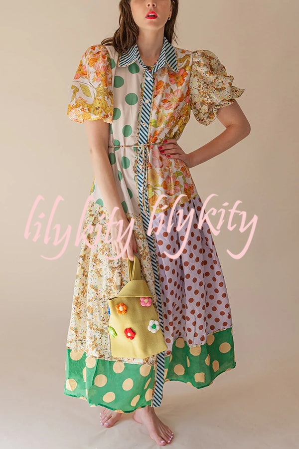 Linen Blend Unique Print Lapel Puff Sleeve Casual Midi Dress