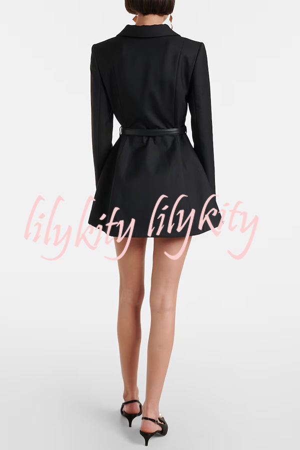 Parisian Style Double-breasted Long Sleeve Flare Hem Lapel Blazer Mini Dress