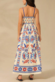 Unique Printed Sling Back Pleated Loose Holiday Maxi Dress