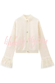 Solid Color Elegant Feather Long Sleeve Casual Knitted Cardigan