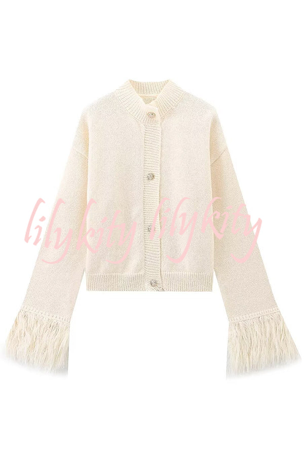 Solid Color Elegant Feather Long Sleeve Casual Knitted Cardigan