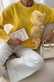 Solid Color 3D Floral Loose Long-sleeved Knit Sweater