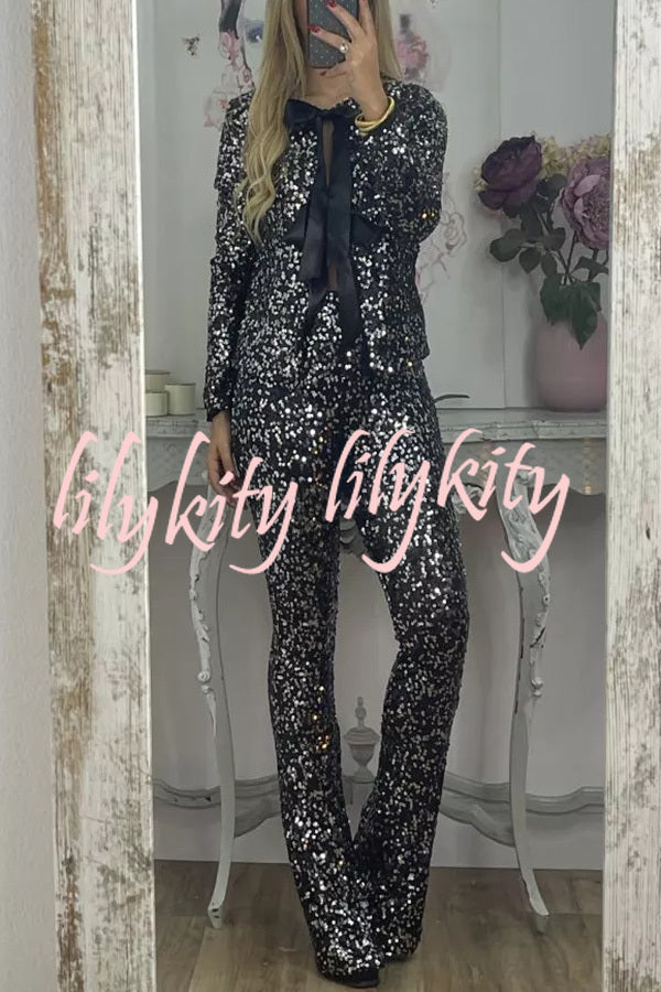 Holiday Cheer Sequin High Rise Elastic Waist Flared Stretch Pants