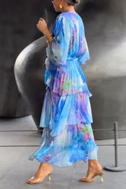 Stylish Tie-dye V-neck Tie-waist Layered Maxi Dress