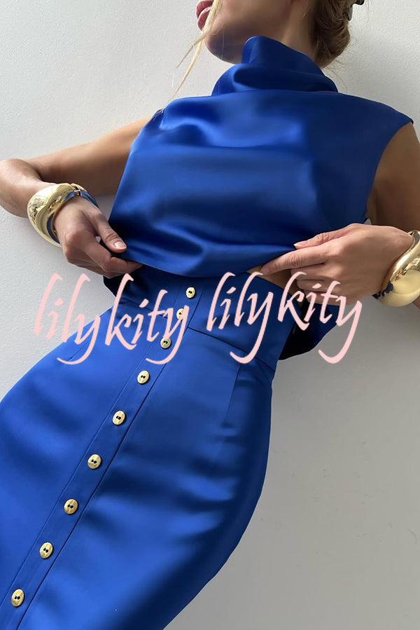 Solid Color Casual Sleeveless Crop Top and Elegant Button-down Maxi Skirt Set