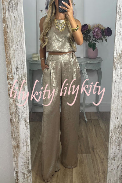 Rita Metallic Fabric Back Buttons Crop Tank and Elastic Waist Pocketed Wide Leg Pants Set