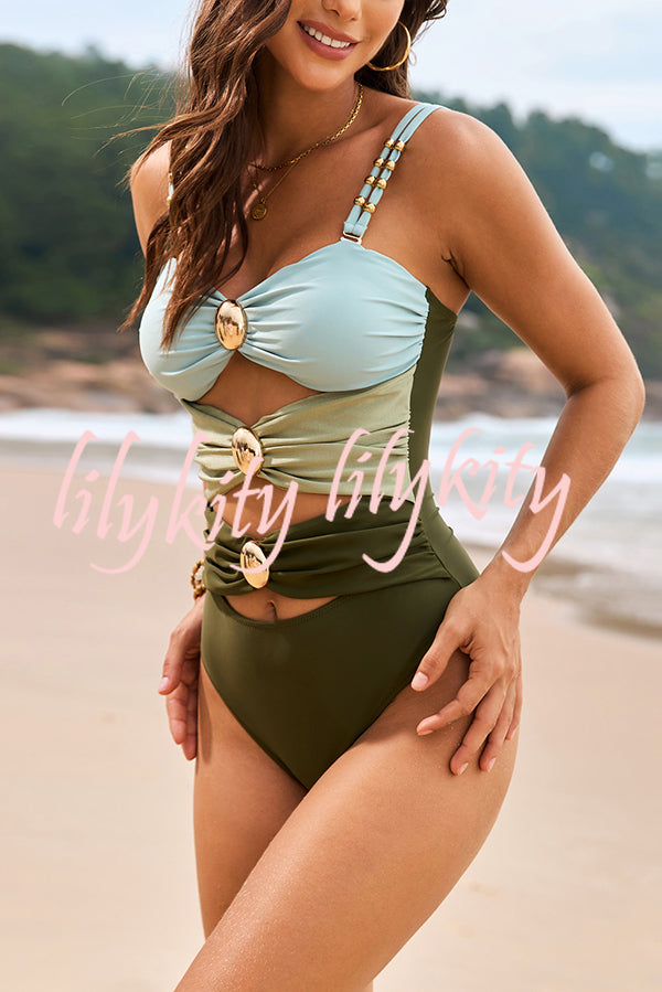 Fashionable Color-blocked Metal Button Stretch One-piece Swimsuit