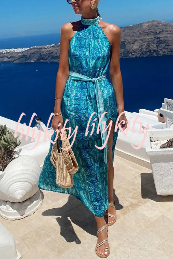 Unique Print Sexy Off-the-shoulder Waist Tie Slit Holiday Midi Dresses
