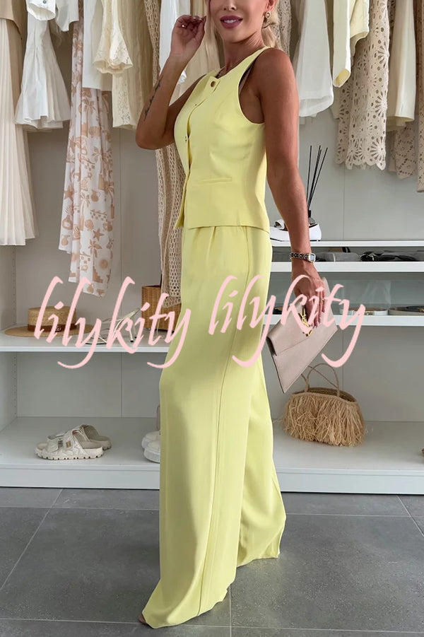 Workplace Chic Sleeveless Button Vest and Relaxed Pocket Wide Leg Pants Set