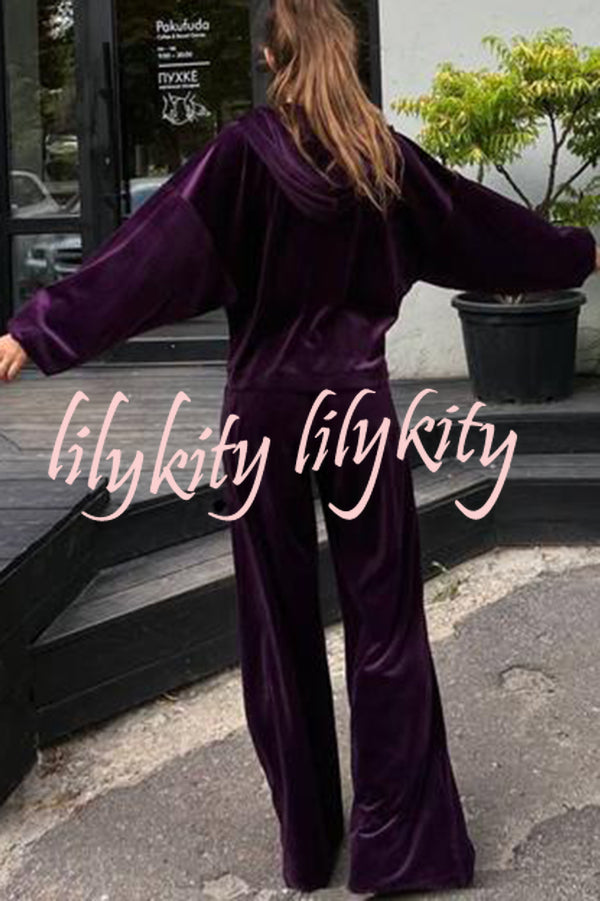 Velvet Casual Zip-up Hooded Top and Elastic Waist Wide Leg Pants Set