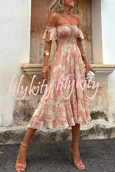 Pitaya Unique Print Off Shoulder Smocked Ruffle Sleeve Layered Midi Dress