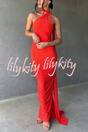 Sexy Backless Pleated Slim Solid Color Sleeveless Elegant Maxi Dress