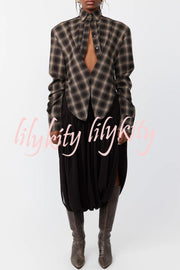 Vintage Plaid Shoulder Pad Buttons Long Sleeve Angled Hem Shirt