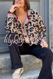 Leopard Print Crew Neck Long-sleeved Loose Knit Cardigan