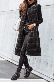 Solid Color Fur Round Neck Sleeveless Midi Vest Jacket