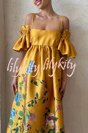 Sweetest Marigold Printed Gathered Sleeve Pocketed A-line Midi Dress