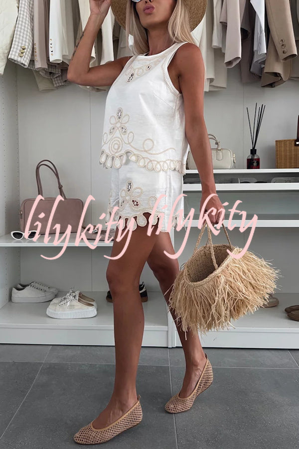 Angie Embroidery Cut-out Sleeveless Top and Elastic Waist Loose Shorts Set