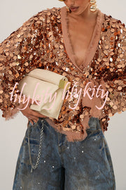 Fashion Sequined Long-sleeved V-neck Loose Lace-up Cardigan