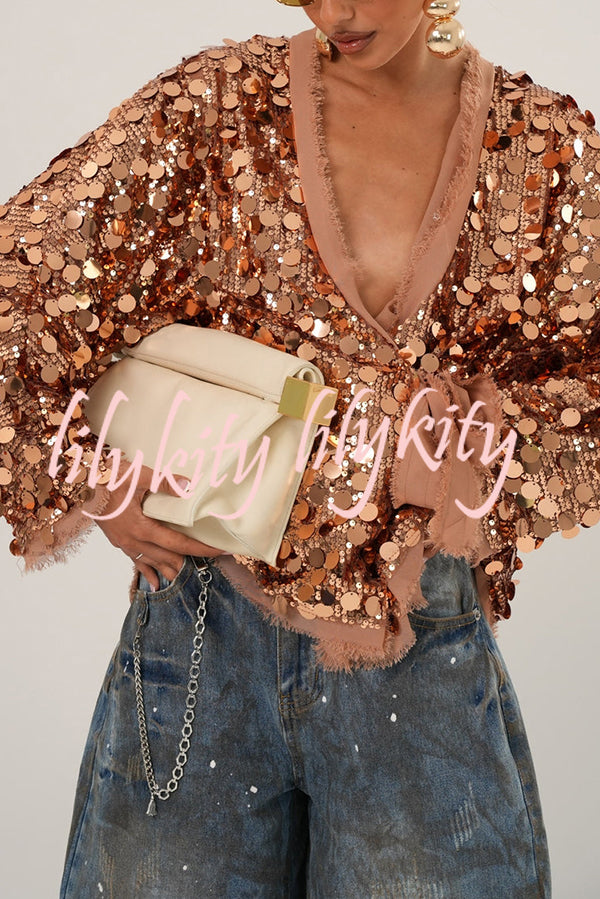 Fashion Sequined Long-sleeved V-neck Loose Lace-up Cardigan
