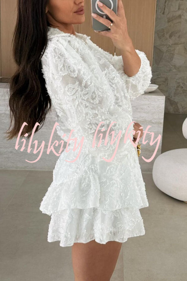 Unique Lace Texture Fabric Balloon Sleeve Blouse and Elastic Waist Layered Skirt Set