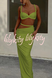 Sexy Halter Back Braided Suspender Top and Beach Holiday Style Hip-wrapped Maxi Skirt Set