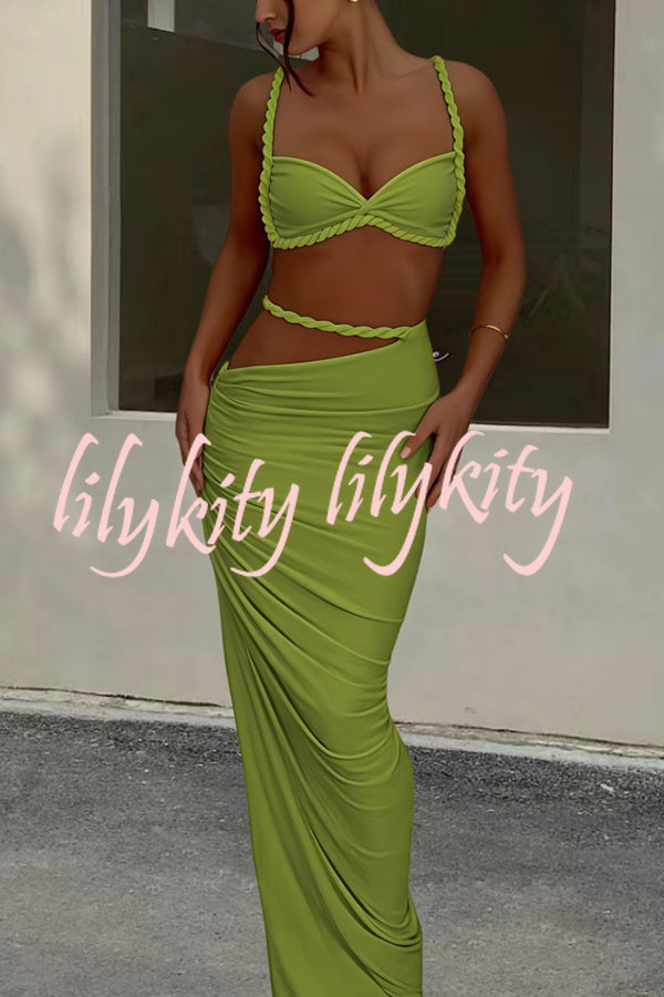 Sexy Halter Back Braided Suspender Top and Beach Holiday Style Hip-wrapped Maxi Skirt Set