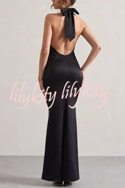 Solid Color Halter Neck Tie Sexy Backless Slim Maxi Dress