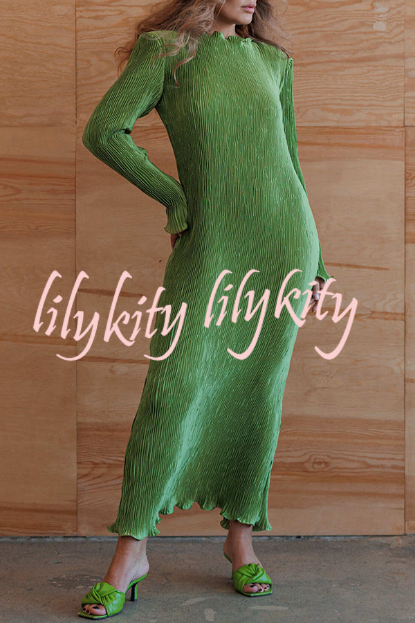 Hansin Satin Pleated Fabric Long Sleeve Wavy Trim H-line Slit Midi Dress