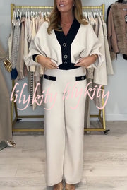 Fashion Contrast Color V-neck Loose Cardigan and Elastic Waist Casual Pants Set