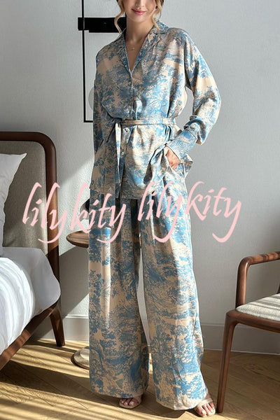 Unique Print Long-sleeved Tie Shirt and Elastic High-waist Wide-leg Pants Set