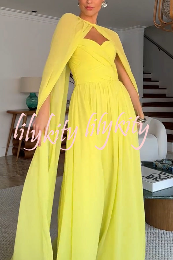 Romantic Party Chiffon Off Shoulder Sweetheart Neck Ruched Cape Maxi Dress