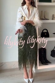 Party Crasher Feather Trim Long Sleeve Button Up Loose Blouse