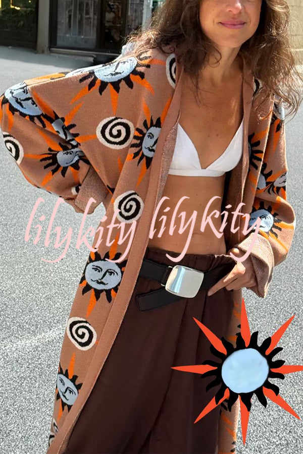 Mediterranean Art Knit Unique Sun Vortex Print Bell Sleeve Long Cardigan